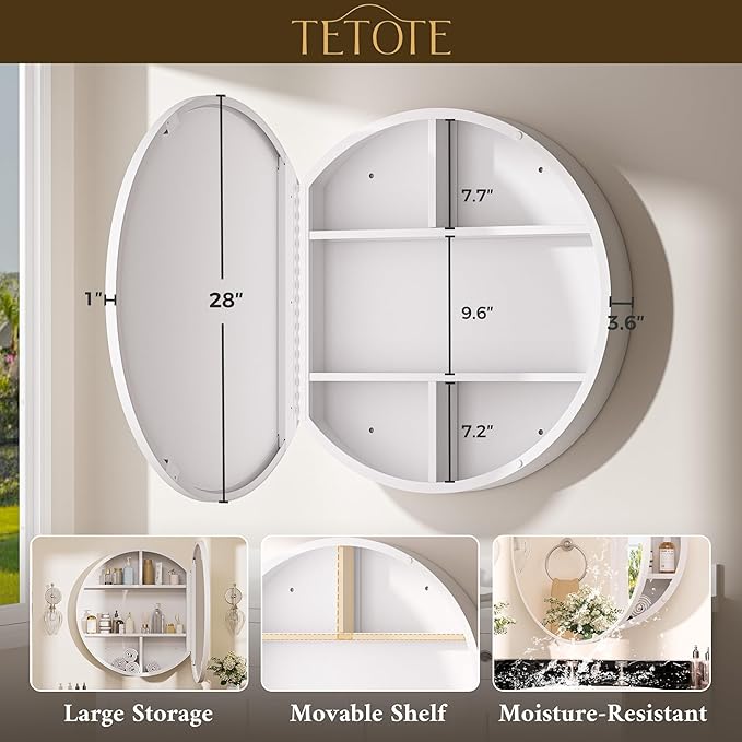 TETOTE Bathroom Mirror Cabinet 28 x 28 White Round Bathroom Medicine Cabinet with Mirror Adjustable Shelves Farmhouse Wall Mirror with Storage Surface Mounted