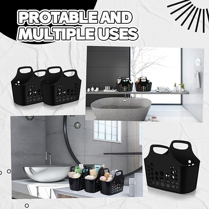 Nuogo 10 Pack Black Basket with Handles Plastic Oval Carry Totes with Handles Caddy Multipurpose Organizer Reusable for Bathroom Dorm Communal Showers Kitchen School, 10.6" x 6" x 10"