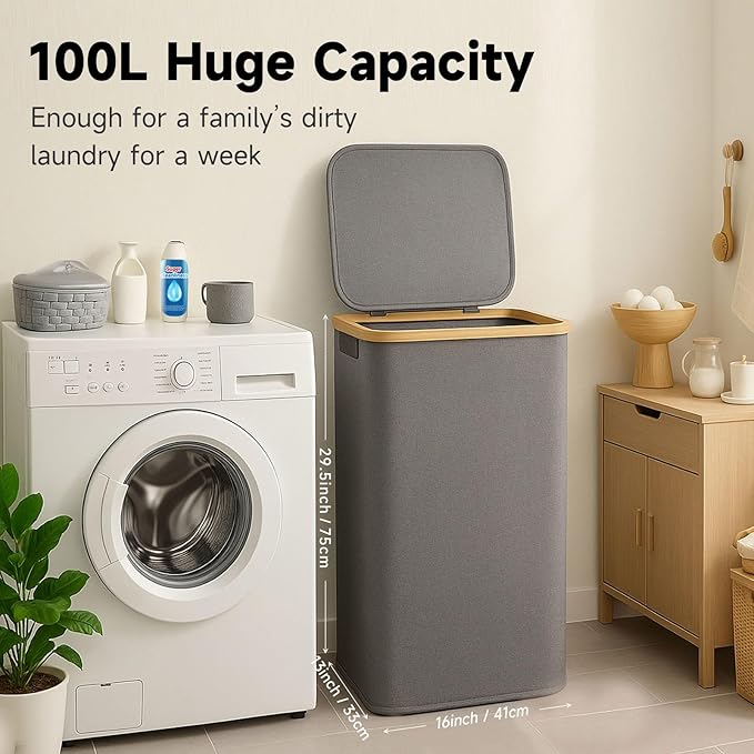 100L Foldable Laundry Basket with Lid, Dirty Clothes Hamper for Dormitories and Gyms | Laundry Hamper with Removable Bag, Gray