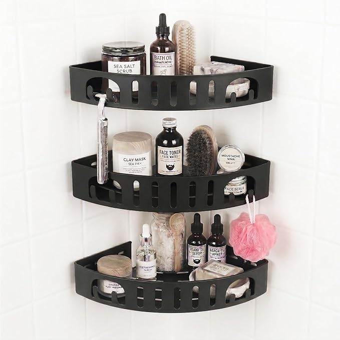 Adhesive Corner Shower Shelf No Drill | Rust-Proof Aluminum Alloy Stick On Bathroom Organizer with Shaving Holder for Shampoo, Conditioner, Soap, Razors Black 3Pack