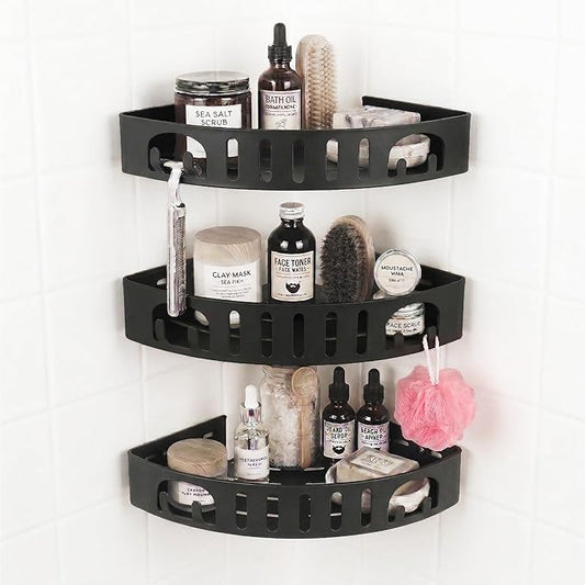 Adhesive Corner Shower Shelf No Drill | Rust-Proof Aluminum Alloy Stick On Bathroom Organizer with Shaving Holder for Shampoo, Conditioner, Soap, Razors Black 3Pack