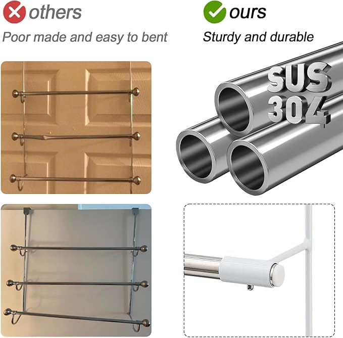 3-Tier Over The Door Towel Rack, Durable Stainless Steel 16 Inch Towel Hanger & Holder, No Drilling Tool-Free Install, Fits 1.5 Inch Standard Bathroom/Shower Door, Space Saving Hanging Storage