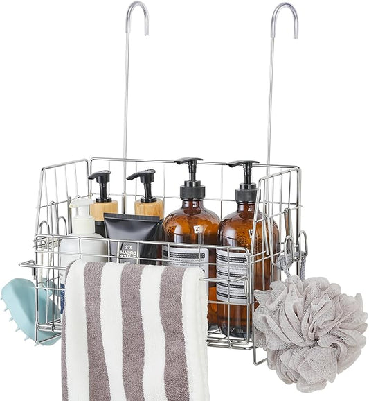 SUTINE Hanging Shower Organizer, Shower Caddy Hanging, Bathroom Storage Rack with Hooks Over the Door, Stainless Steel Rustproof Bathroom Basket Shelf for Bath Faucet or Cross Bar