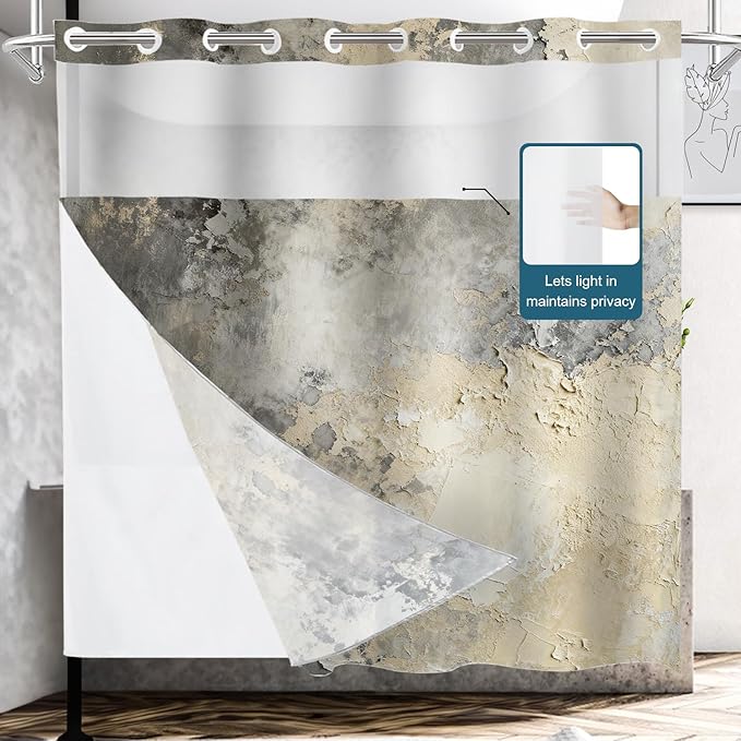 Shrahala Taupe Squares Texture No Hooks Shower Curtain with Snap in Liner Set, Grey and Beige Art Painting Bathroom Décor Polyester Fiber Waterproof for Stall Bathtubs 71 X 74 in