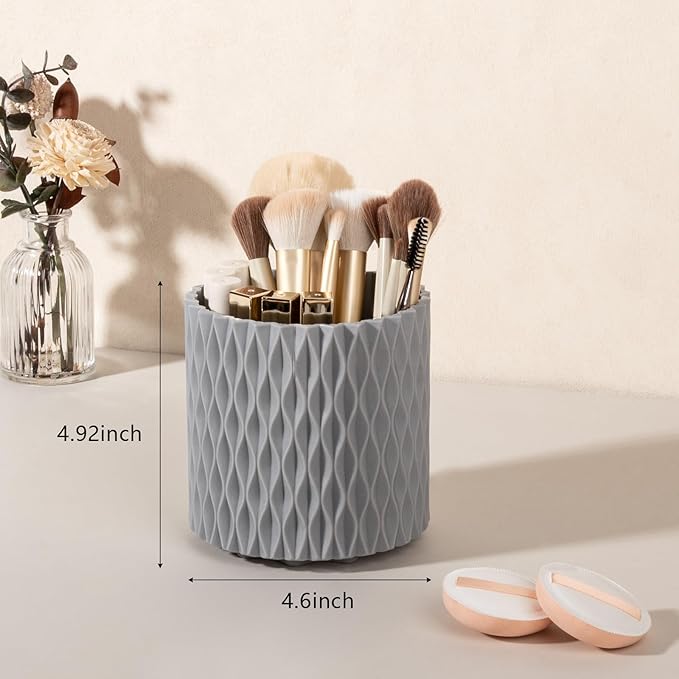 Anyoifax Makeup Brush Holder Organizer 362°Rotating Make Up Brushes Container for Vanity, Spinning Cosmetics Storage Cup, Ripple Gray