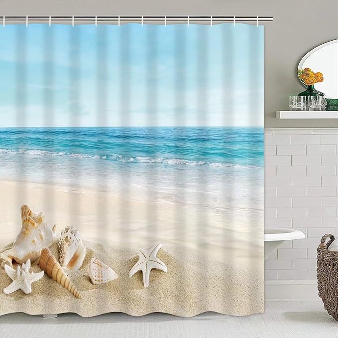 Chrainy 4Pcs Summer Beach Shower Curtain Sets Sea Bathroom Set Decor with Non-Slip Rugs Bath U-Shaped Mat Toilet Lid Cover Waterproof Bathroom Curtain Shower Set with 12 Hooks