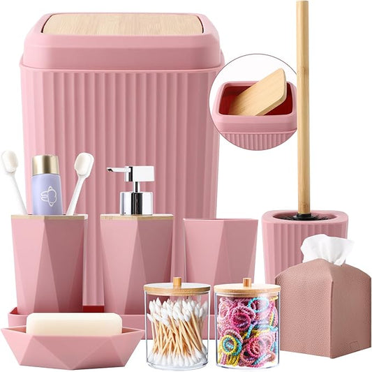Pink Bathroom Accessories Set, 10 Pieces Bamboo Bathroom Set with Trash Can, Tray, Soap Dispenser, Soap Dish, Toothbrush Holder, Toothbrush Cup, Tissue Holder, Toilet Brush and Qtip Holders
