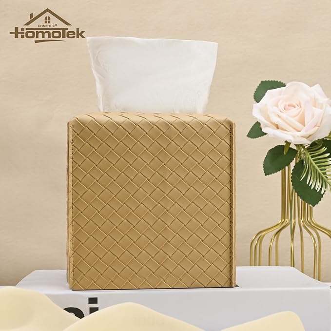 HOMOTEK 2 Pack Tissue Box Cover, Square PU Leather Tissue Holder, Decorative Facial Tissue Cube Paper Organizer Dispenser for Bathroom, Night Stands, Desk, Car 5X5X5'' - Woven Waffle,Camel