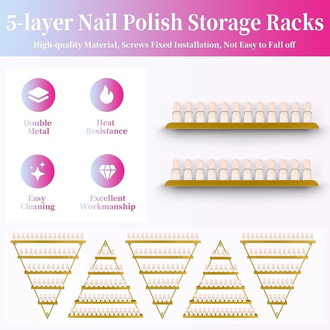 Nail Polish Shelves 10pcs, 5-Tier Nail Polish Shelf for Wall Perfume Display & Nails Color Display, Metal Nail Polish Wall Rack for Home Spa Nail Salon Shop, Easy Installation (Gold)
