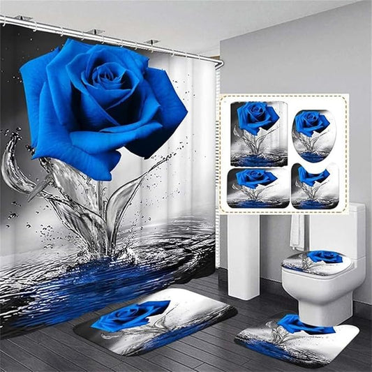 Blue Rose Bathroom Set with Shower Curtain and Non-Slip Rugs, Bath Mat, Toilet Lid Cover and 12 Strong Hooks - Modern Style for Bathroom