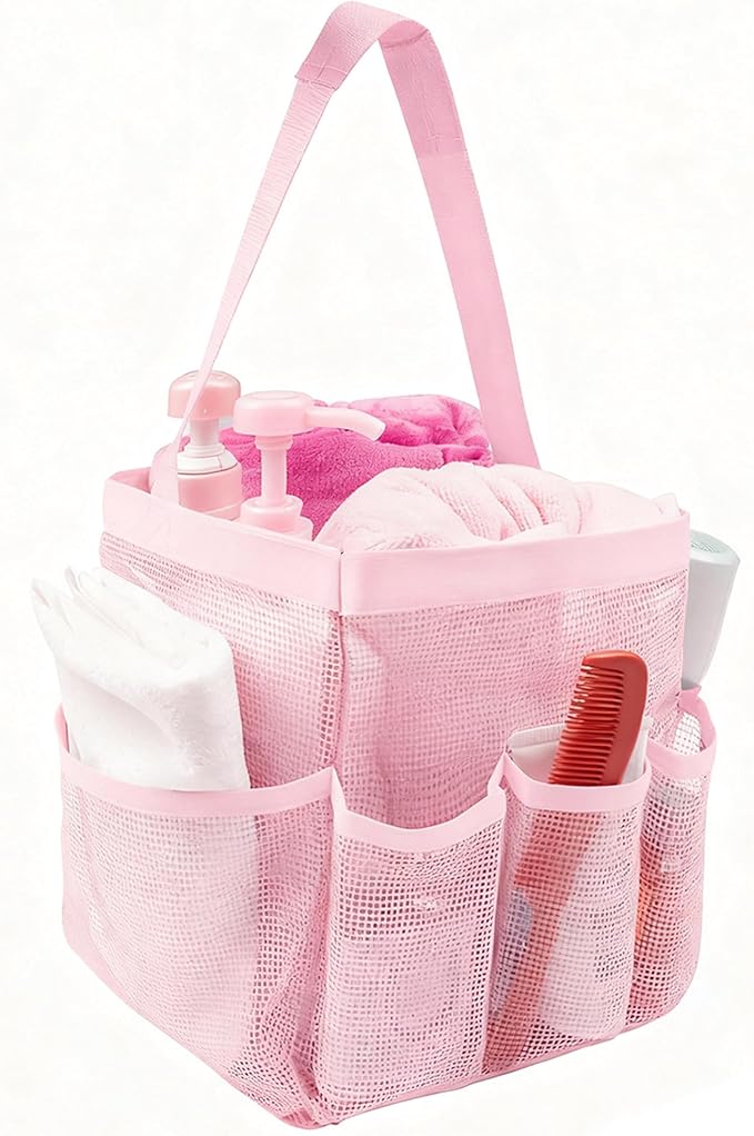 Mesh Shower Caddy Bathroom Portable College Dorm Essentials for Girls Guys Shower Tote Beach Camp Travel Hanging Toiletry Bag Pink