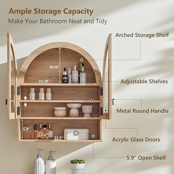 IFGET Bathroom Arched Wall Cabinet, 23.6'' Wide Medicine Cabinet with Adjustable Shelves & Glass Doors, Over The Toilet Storage Wall Mount Cabinet for Laundry Room, Kitchen & Living Room, Natural Oak
