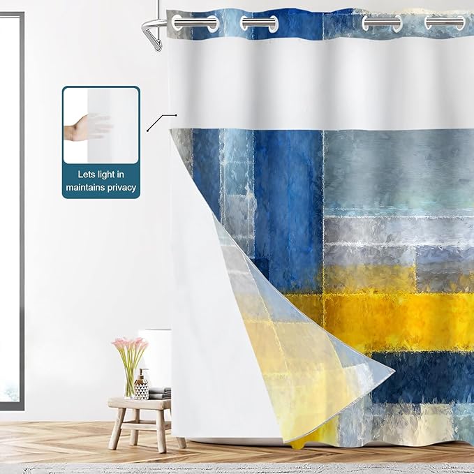 Shrahala Brown Abstract Art No Hooks Shower Curtain with Snap in Liner Set, Grey Contemporary Colorful Bathroom Décor Polyester Fiber Waterproof for Stall Bathtubs 54 X 80 in