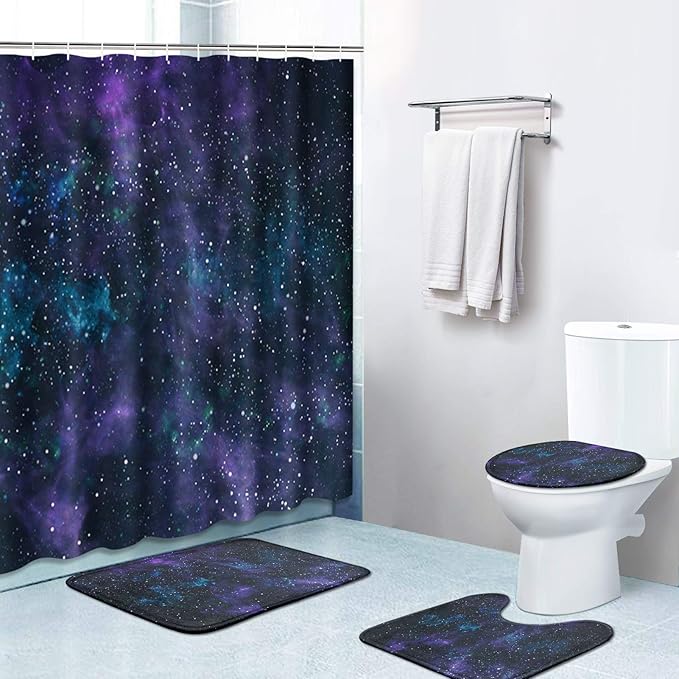 Britimes 4 Piece Shower Curtain Sets, with 12 Hooks, Space Galaxy Star with Non-Slip Rugs, Toilet Lid Cover and Bath Mat for Bathroom Decor Set, 72" x 72"