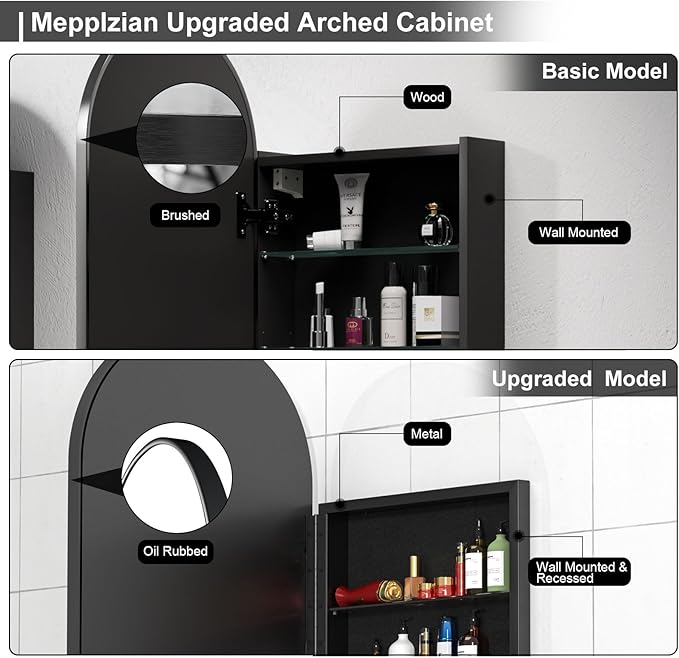 Arched Medicine Cabinet with Mirror,20x31 Inch Black Recessed Bathroom Cabinet, Modern Mirror Cabinet Surface Mount,Black Arched Medicine Cabinet with Storage,Adjustable Shelves