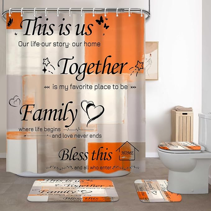 Lnond 4Pcs Bathroom Shower Curtain Sets with Rugs, Orange Motivational Home Family Bathroom Sets with Shower Curtain and Rugs and Accessories