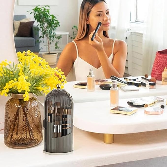 Multi-function Rotating Bird Cage Toiletries Storage Rack ?€? Makeup Organizer, Brush Holder | Transparent Dust-proof Box, 360 Rotating Design for Dressing Tables, Desktops, Bathroom Countertops