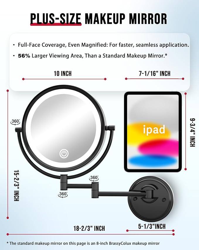 10" Large Magnifying Mirror Wall Mounted with Light Hard Wired, 1X/5X Double-Sided LED 3 Colors, Touch Dimmable, Extended Arm 360 Rotation Shaving Light up Mirror for Bathroom, Matt Black