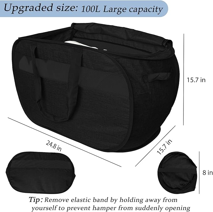 Upgraded 100L Extra Large Mesh Pop Up Laundry Hamper with Lid & Handles, XL Foldable Dirty Clothes Basket for Home Dorm Closet Storage, Portable Laundry Bin, Black. H