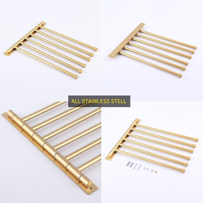GERZWY Bathroom Swing Arm Towel Bars Wall Mount Bath Towel Rack with 6 Arms Hanger Towel Holder Organizer Stainless Steel Gold Finished HYG06-BE
