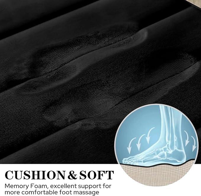 BYSURE Black Memory Foam Bath Mats, Non Slip Extra Soft Absorbent Machine WashableToilet Bathroom Rug Set 3 Piece (20"x32"+24"x44"+U Shape 20"x24")