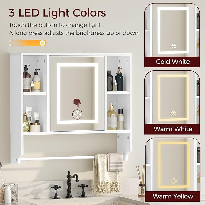 MAHANCRIS Bathroom Wall Cabinet with Mirror, Wall Mounted Medicine Cabinet with Color Adjustment LED Lights, Mirrored Over The Toilet Storage Cabinet with Adjustable Shelves, 23.6''W x 21.6''H, White