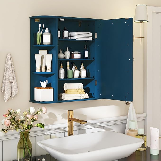 COSTWAY Medicine Cabinet with Mirror, Wall Mounted Bathroom Storage Cabinet with Mirror Door and Adjustable Shelves, Space-Saving Storage Organizer for Living Room Kitchen Entryway (Blue)