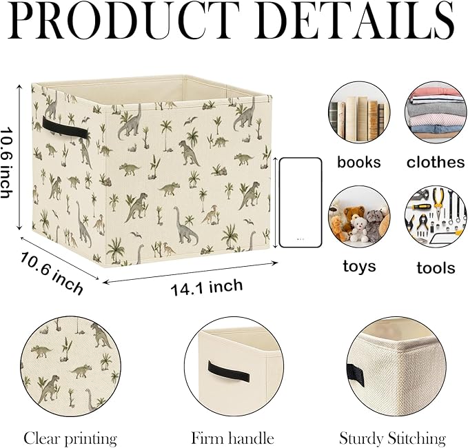 Tropical Botanical Dinosaur Storage Bin Box with Handles, Dinosaur Lovers Gifts Foldable Baskets Organizer for Kids Boys Room Nursery Bathroom Clothes Toys Books, Toybox for Boys