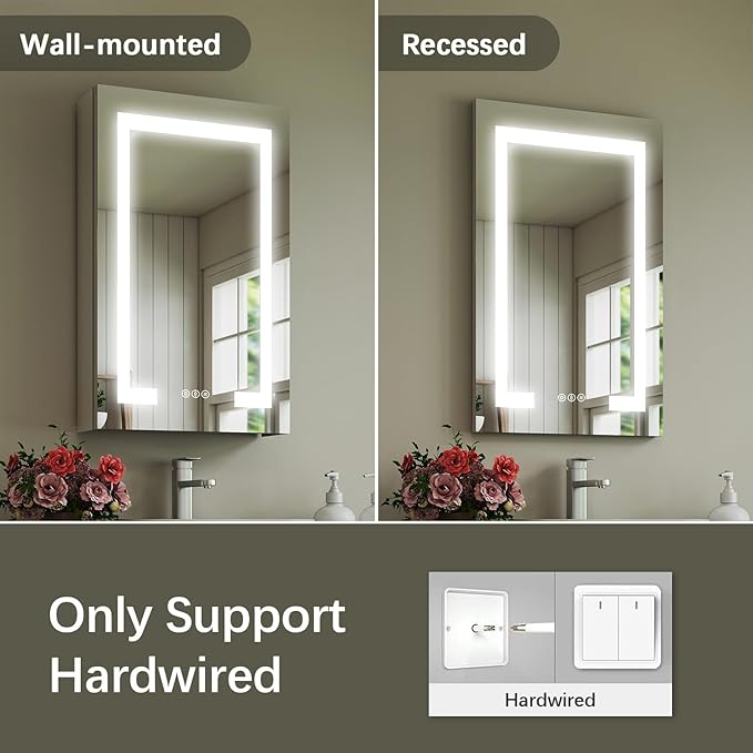 16x24 Inch Bathroom Medicine Cabinet with Mirror, Lighted Bathroom Mirror with Storage, Recessed /Surface Mount Medicine Cabinet with Socket & USB, Anti-Fog, 3 Colors Temperature, Dimmable Light