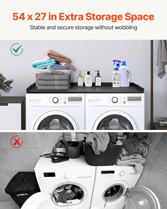 VEVOR Washer Dryer Countertop, 54" x 27" Wooden Washer and Dryer Countertop, Water-Resistant Laundry Machine Topper Cover with Anti-Slip Pads, for Laundry Room Organization and Storage, Black