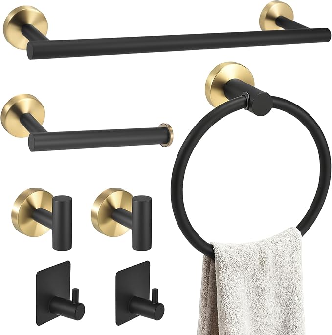 7 Pcs Bathroom Hardware Accessory Set, Stainless Steel Towel Racks for Bathroom, Black and Gold Bathroom Accessories，Modern Luxury Bathroom Towel Holder & Toilet Paper Holder