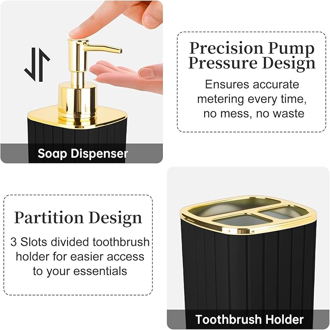 2PCS Bathroom Accessories Set, Black and Gold Bathroom Accessories Include Soap Dispenser and Toothbrush Holder for Boho Bathroom Decor