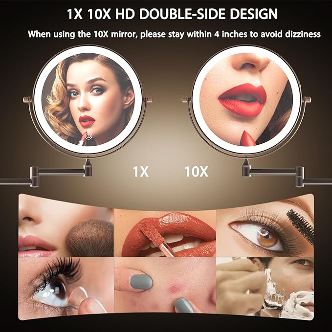 Rechargeable Wall Mounted Lighted Makeup Vanity Mirror 8 Inch Double Sided 1X 10X Magnifying Bathroom Mirror, 3 Color Lighting, Touch Screen Dimming, 360 Rotation Oil Rubbed Bronze