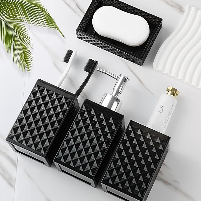 RYTOXILO Black Bathroom Accessories Set, 4 Pack Matte Black Bath Accessory Sets Complete, Acrylic Soap Dispenser and Toothbrush Holder Set for Bathroom Counter Sink, Modern Bathroom Decor