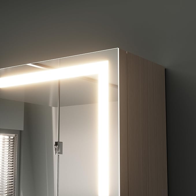 32x24 inch LED Lighted Medicine Cabinet with Mirror, Moisture-Resistant Wood, Stepless Dimmable, 3000K/5500K, Defogger, Adjustable Shelf, Flat-Pack Design – Assembly Required (Grey)
