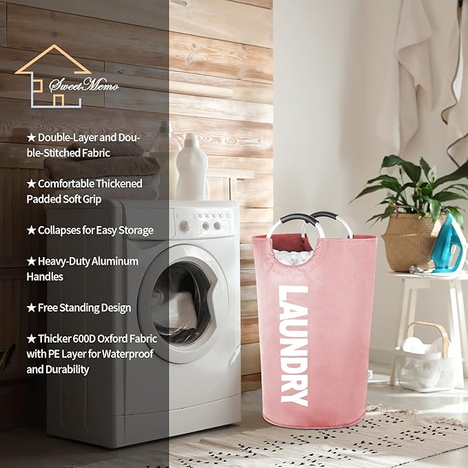 Large Laundry Basket Collapsible???Freestanding Clothes Hamper Bag with Handles ?€? Tall Folding Dirty Laundry Bin???Sturdy Laundry Sorter for College Dorm???Laundry Room ?€? 115L (Pink)