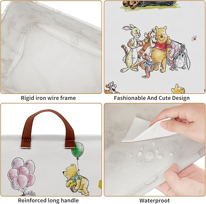 Cute Bear Nursery Storage Basket With Hard Bottom,Classic Bear Decorative Storage Hamper With Waterproof PE Coating,Large Square Canvas Cotton Laundry Bin for Baby Stuff,Diaper Bag