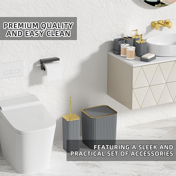 XLHOMO Bathroom Accessory Set - 26PC Bathroom Shower Curtain and Rug Set, Bathroom Accessories Set, Grey Bathroom Set with Trash Can, Toilet Brush, Qtip Holder & Soap Dispenser