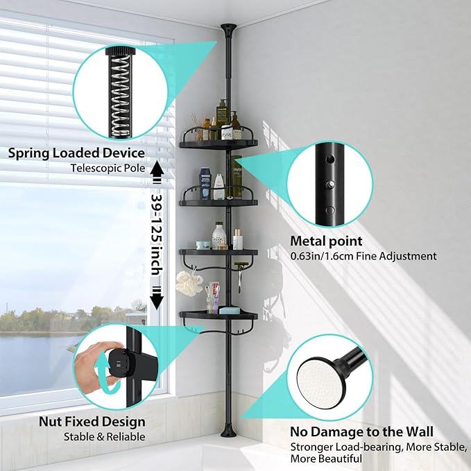 Corner Shower Caddy, 39-125 Inch Adjustable Height With ABS Shelves, Drill Free Organizer, 4 Layer Rustproof Metal Tension Pole, Large Storage, Black
