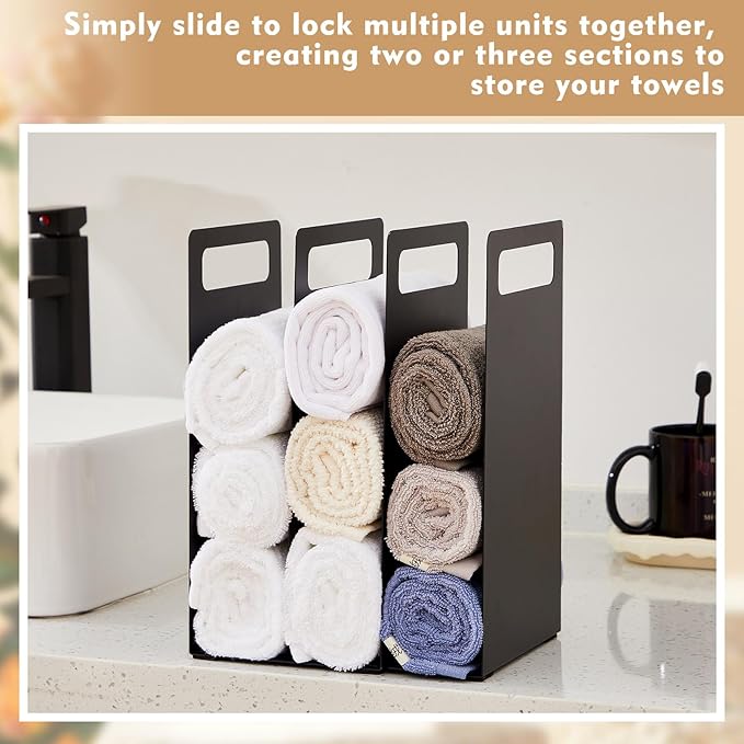 LEIFIDE Set of 4 Interlocking Towel Organizer Metal Bathroom Towel Storage Rack Shelf Dividers Organizers for Closet Home Space Saving (Black)