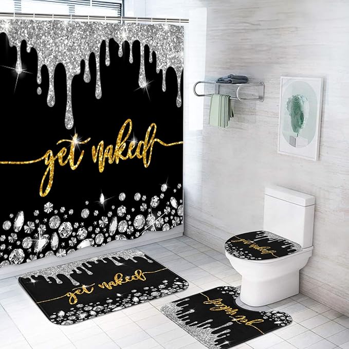 ArtSocket 4PC Gold Get Naked Shower Curtain Sets Diamond Bathroom Decor with Rugs, Non-Slip Rug,Toilet Lid Cover, Bath Mat and 12 Hooks 72x72 inches