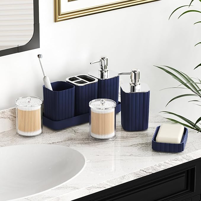 XLHOMO Bathroom Set with Shower Curtain and Rugs- 25PC Bathroom Accessory Set, Navy Blue Shower Curtain Set, Toilet Brush, Trash Can, Qtip Holder & Soap Dispenser