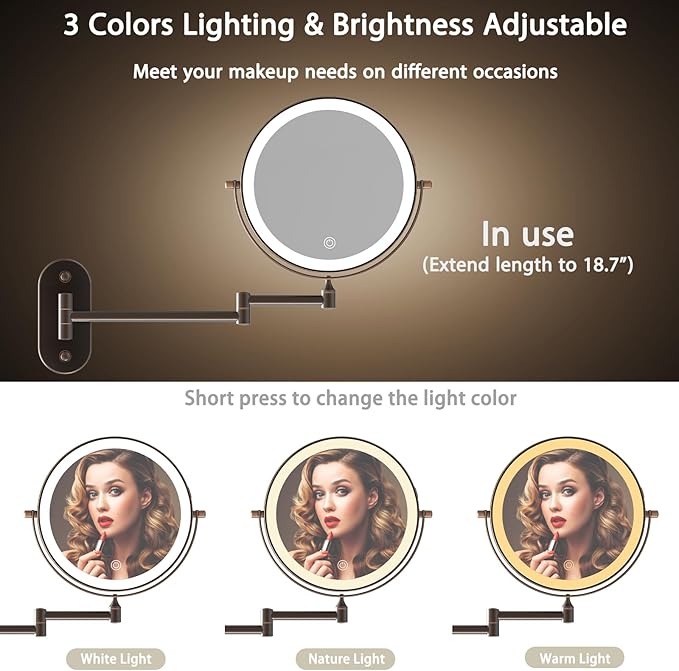 Rechargeable Wall Mounted Lighted Makeup Vanity Mirror 8 Inch Double Sided 1X 10X Magnifying Bathroom Mirror, 3 Color Lighting, Touch Screen Dimming, 360 Rotation Oil Rubbed Bronze