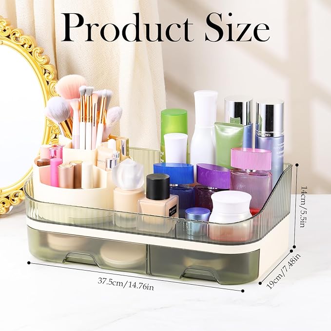 Makeup Organizer for Vanity, Make up Organizer Countertop with Rotating Makeup Brush Holder Cosmetic Display Case with Drawers Bathroom Storage Holder for Lipstick Brush Beauty Skincare