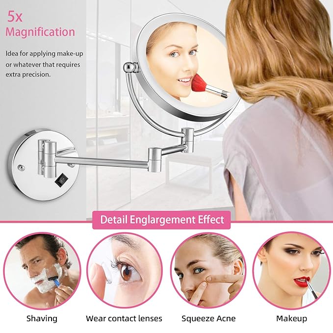 Wall Mounted Lighted Makeup Mirror, 8 Inch Double-Sided 1X 5X Magnifying Mirror for Bathroom, 11'' Extendable Arm, 360° Swivel, Touch DimmableLED Lights, Powered by Plug in, Chrome