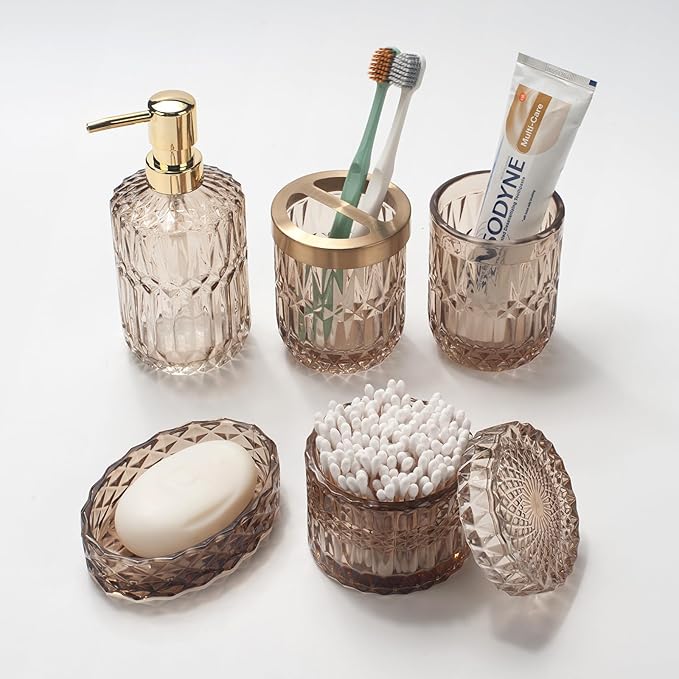 IVAILEX 5PCS Amber Brown Glass Bathroom Accessories Sets of Lotion Dispenser, Soap Dish, Toothbrush Holder, Tumbler, Cotton Swab Jars, Modern Bath Decor, Vintage Gift