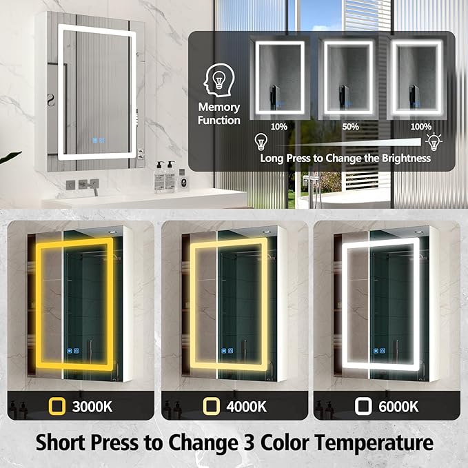 20"x28" Medicine Cabinet with Lights,Medicine Cabinets Mirror,Medicine Cabinets for Bathroom, LED Medicine Cabinet with Mirror,Adjustable Shelf,Dimmer,Defog,3-Color,