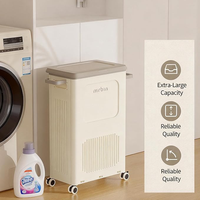 Mrbin Slim Wheeled Laundry Hamper Plastic with Lid, 50L / 13gal Closet Rectangle Basket Containers, Narrow Storage Bins Rolling Utility Organizer Boxes Cart for Bathroom, Clothing, Pantry, White