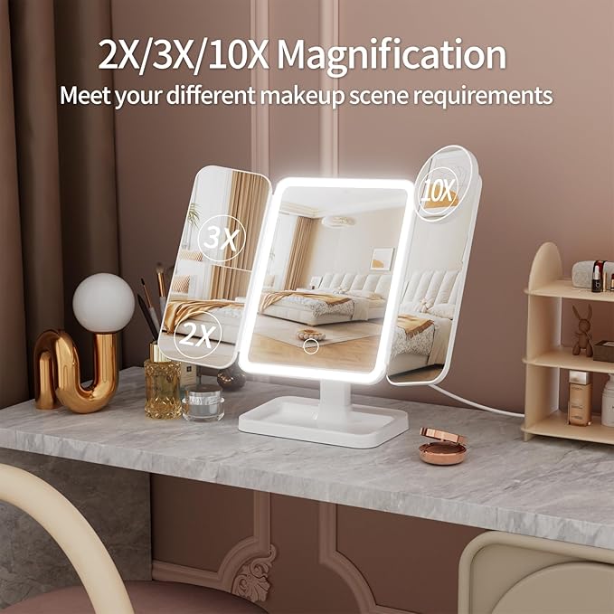 Lighted Makeup Mirror with 75 LEDs, Rechargeable Vanity Mirror with 1X/2X/3X/10X Magnification, 3 Color Modes & Touch Dimming, Portable Folding Mirror for Travel Desk, Gifts for Women & Girls