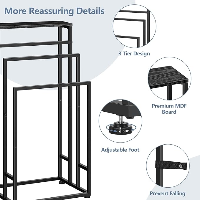 Freestanding Towel Rack for Bathroom 3 Tier Metal Floor Towel Stand Industrial Blanket Ladder Holder with Storage Shelf for Bedroom Living Room, Black